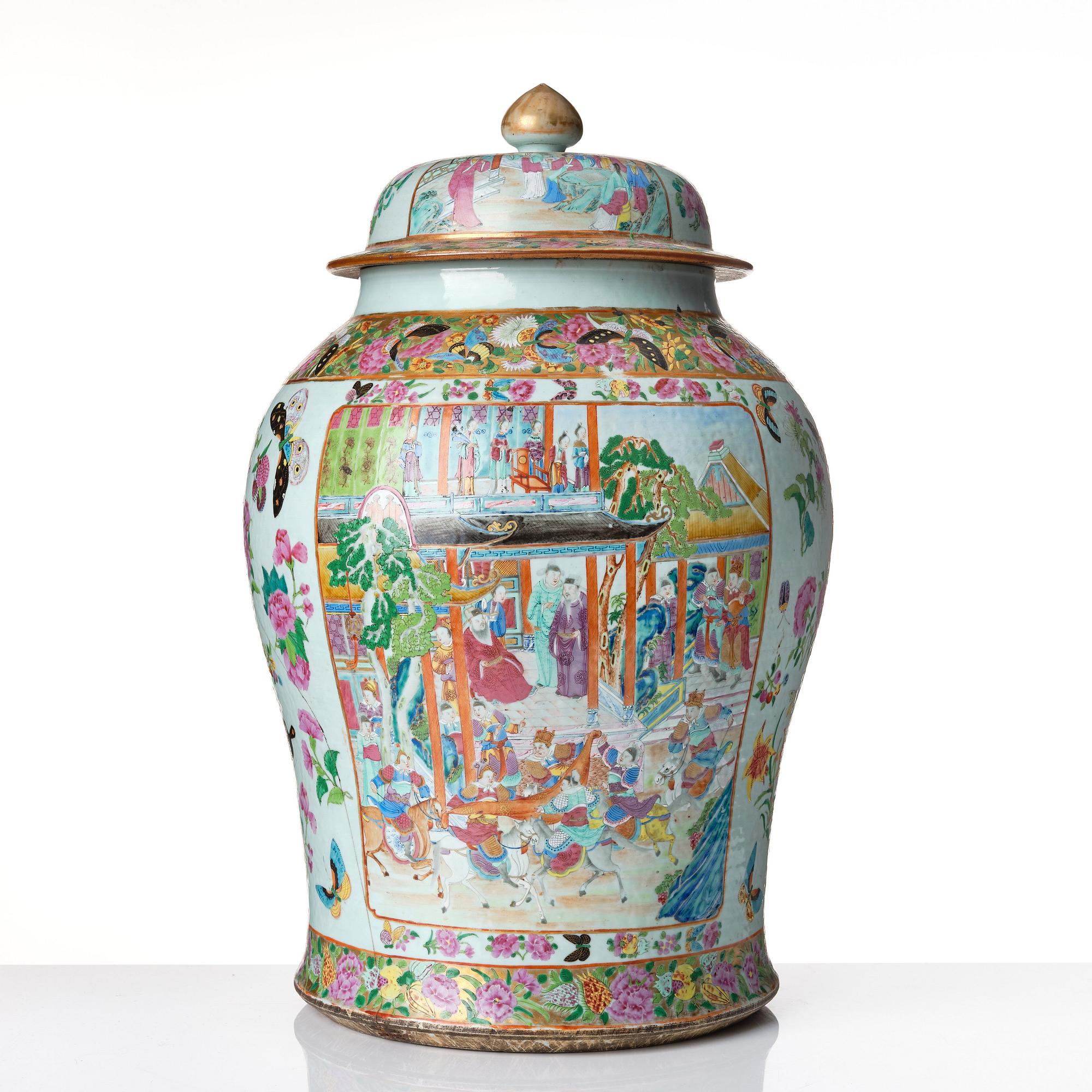 A large famille rose Canton jar with cover, Qing dynasty, 19th Century.