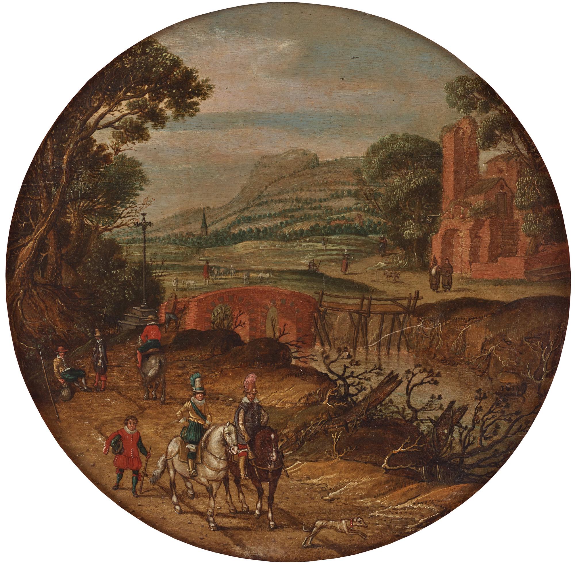 Esaias van de Velde Hans krets, Landskap med ryttare vid kloster.