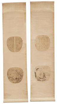 Four fan paintings and calligraphy, of landscapes and flowers, mounted as scrolls, late Qing dynasty/early 20th Century.