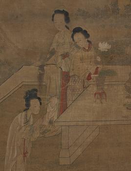 Gu Jianlong, In the manner of the artist, Elegant ladies of the court with antiques and precious objects in a garden.