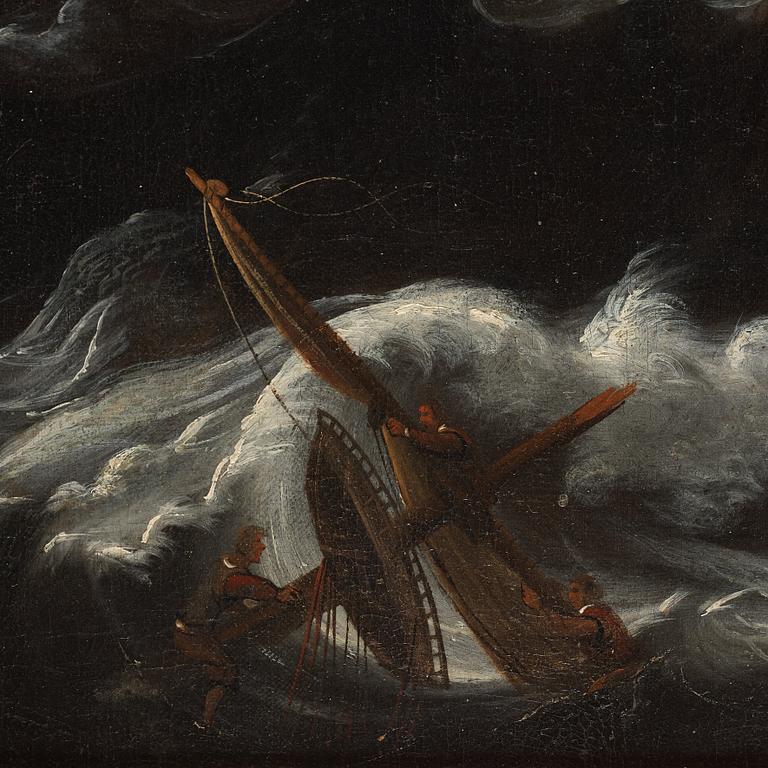 David Ludeking Attributed to, Ships on stormy coastal sea with casle above.