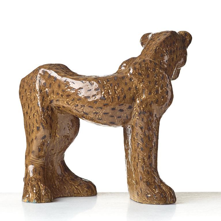 Vicke Lindstrand, a glazed ceramic sculpture of a cheetah, model 3003, Upsala-Ekeby, Sweden ca 1949.