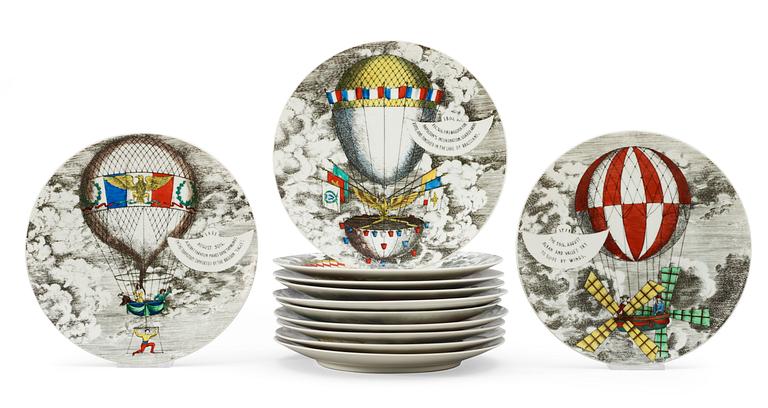 A set of twelve Piero Fornasetti 'Mongolfiere' plates, Milan, Italy.