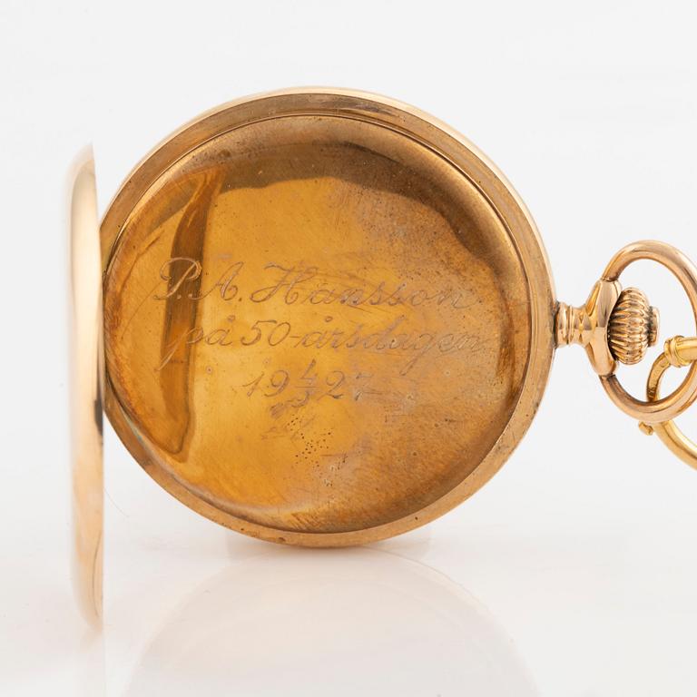 Pocket watch, Record, hunter, 14K guld, chain in 18K gold, ca 52 mm.