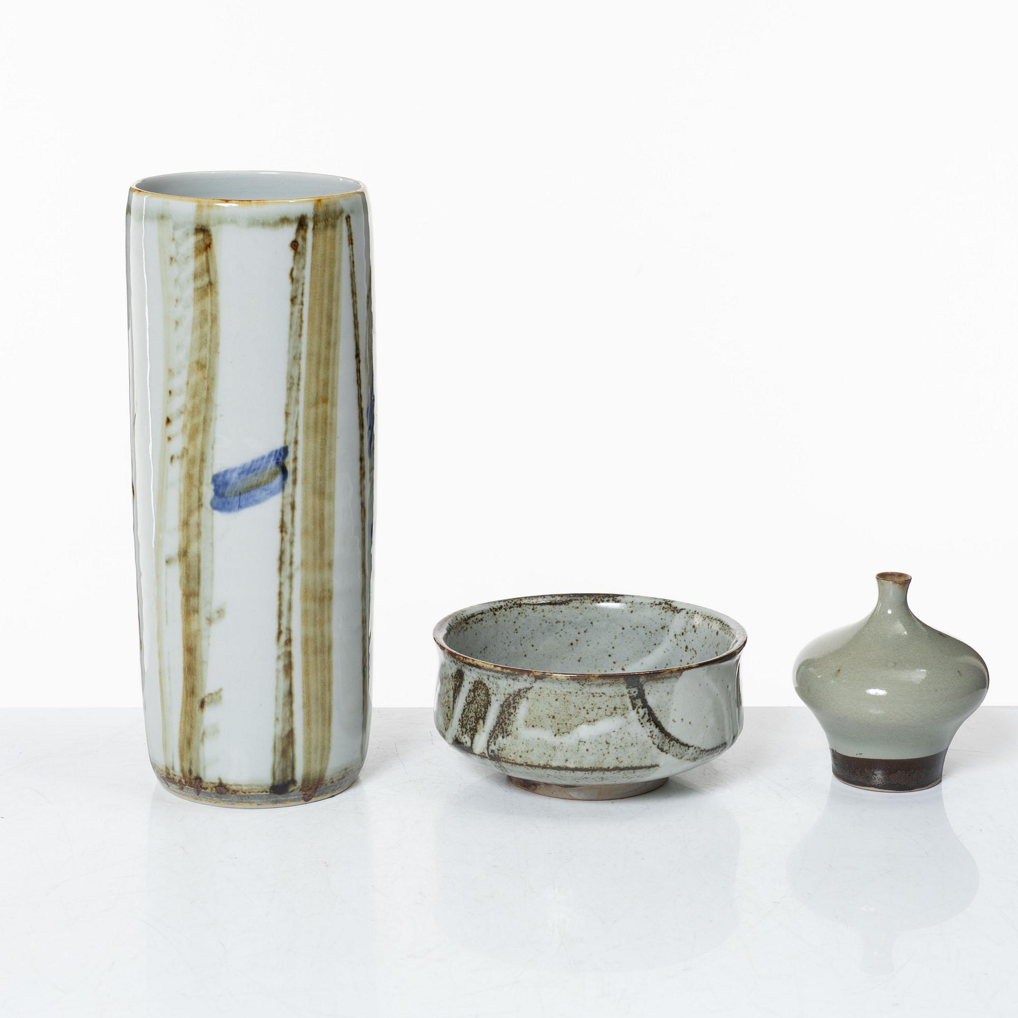 Carl-Harry Stålhane, vaser, 2 st och skål, stengods, Designhuset, Lidköping.