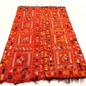 Kelim rug, semi-antique/antique, approximately 243x155 cm, composed of two stitched panels.