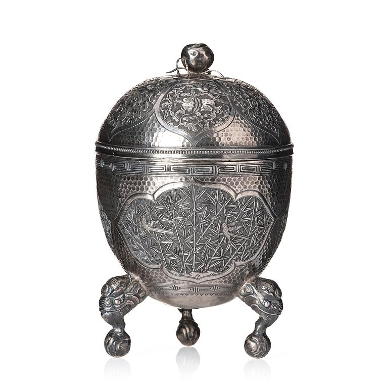 A 'Chinese Export' silver tripod bowl with cover,  T Tian XIing  涂天興 jyutping Tou Tin Hing. Jiujianghua Tou Tin Hing.