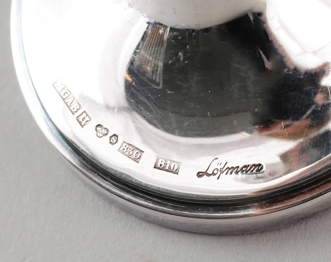 SNAPSGLAS, 6 st, silver, Löfman, MGAB, Uppsala 1976. Total vikt ca 286 g.