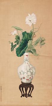 321. A hanging scroll of lotus flowers in a vase, copy after Jiao Bingzhen (1689-1726), Qing Dynasty, 19th Century.