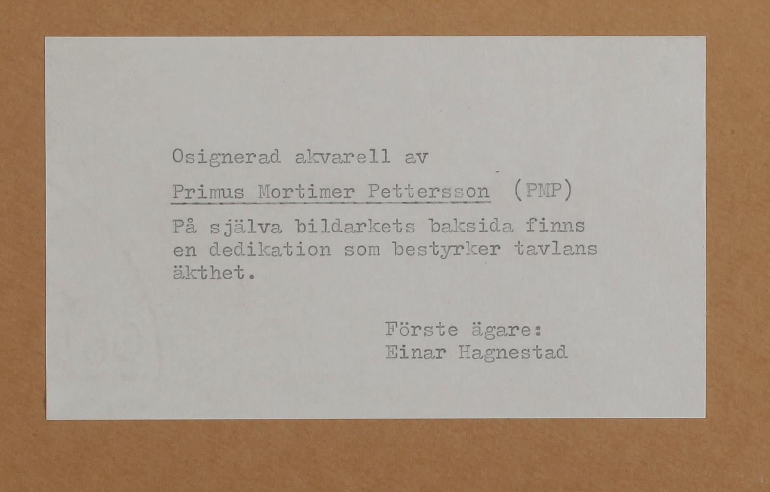 PRIMUS MORTIMER PETTERSSON, akvarell, osign.