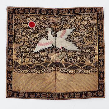 A Mandarin rank insignia/badge, embroidered silk, late Qing Dynasty.