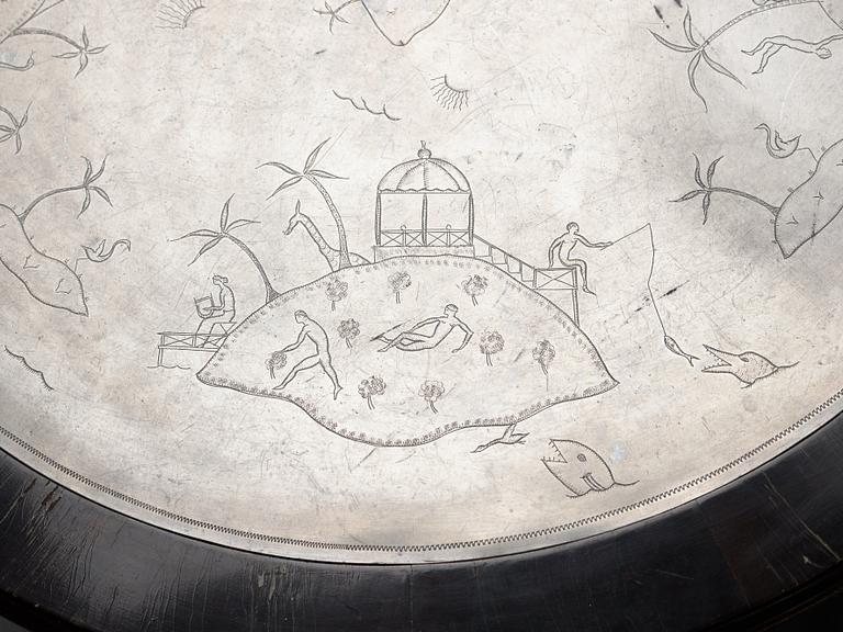 A Nils Fougstedt engraved pewter top table, Svenskt Tenn, Stockholm 1926.