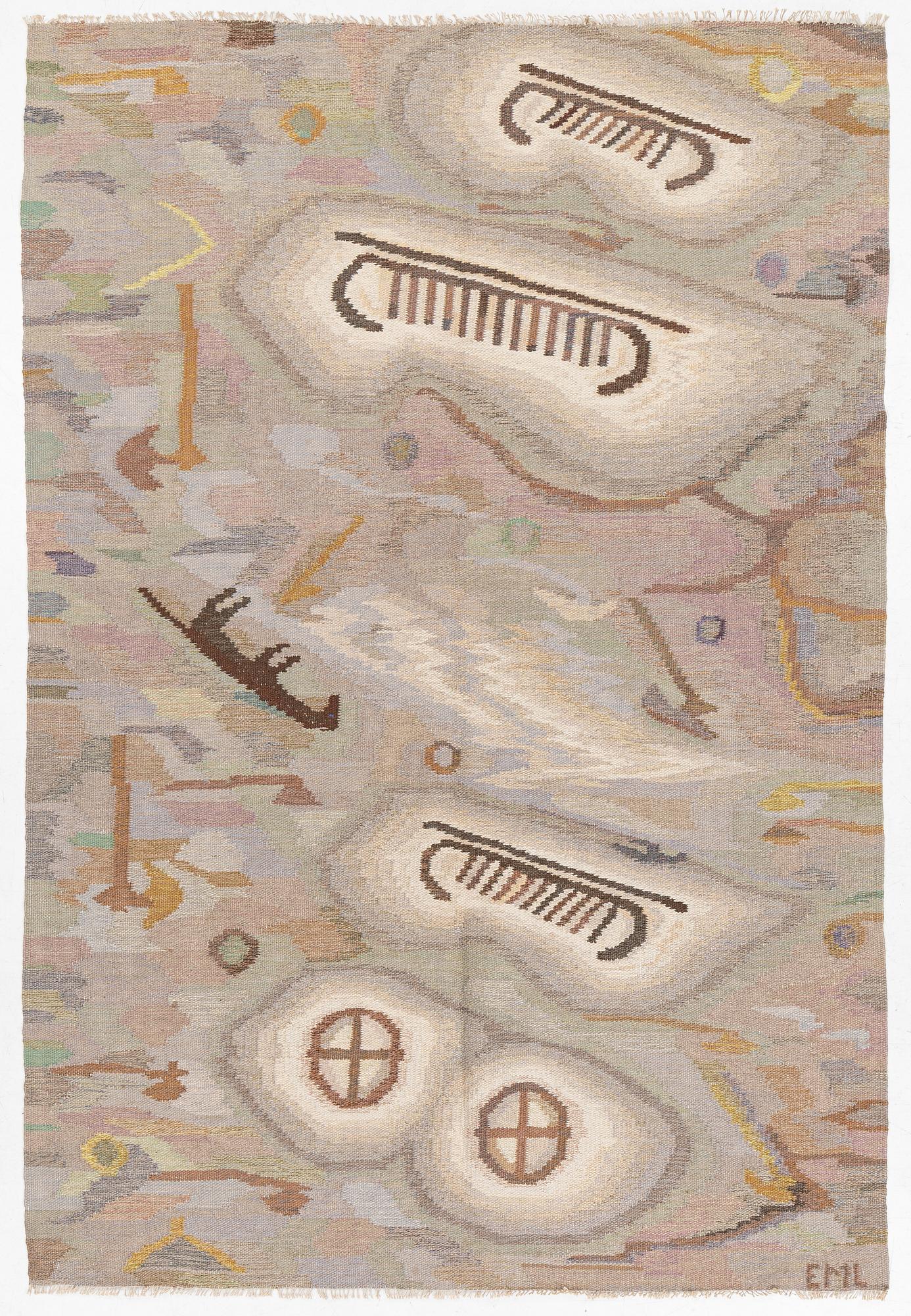 Edvin & Magnhild Lundsten, a carpet, 'Hällristningar' ('Petroglyph'), flat weave, c. 280 x 192 signed EML.