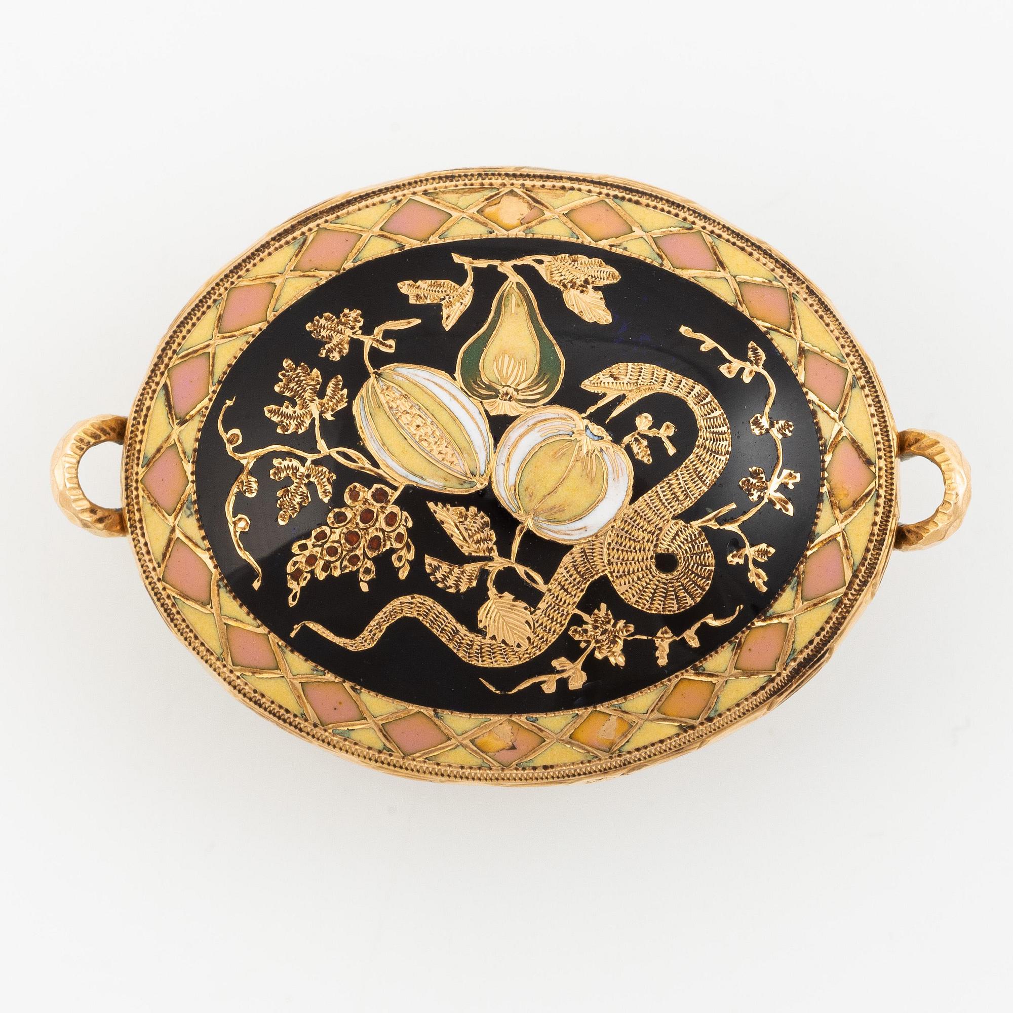 Fickur i form av korg, guld och emalj, Genève, Schweiz, tidigt 1800-tal.