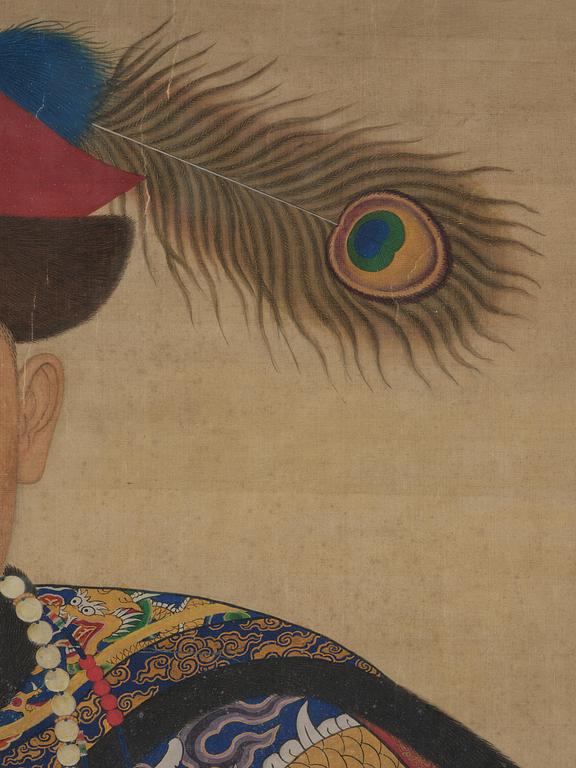 Förfadersporträtt, Qingdynastin, 1800-tal. Med signatur.