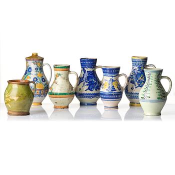 A group of seven European faiance and earthenware pitchers, partly France and Italy 19th century.