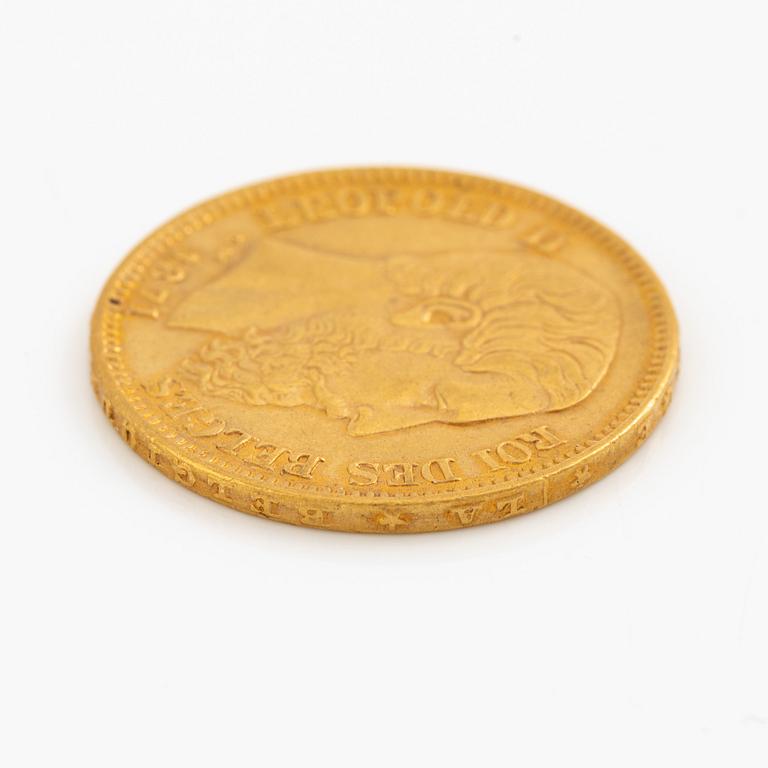 Gold coin, Belgium, Leopold II, 20 Franc, 1871.