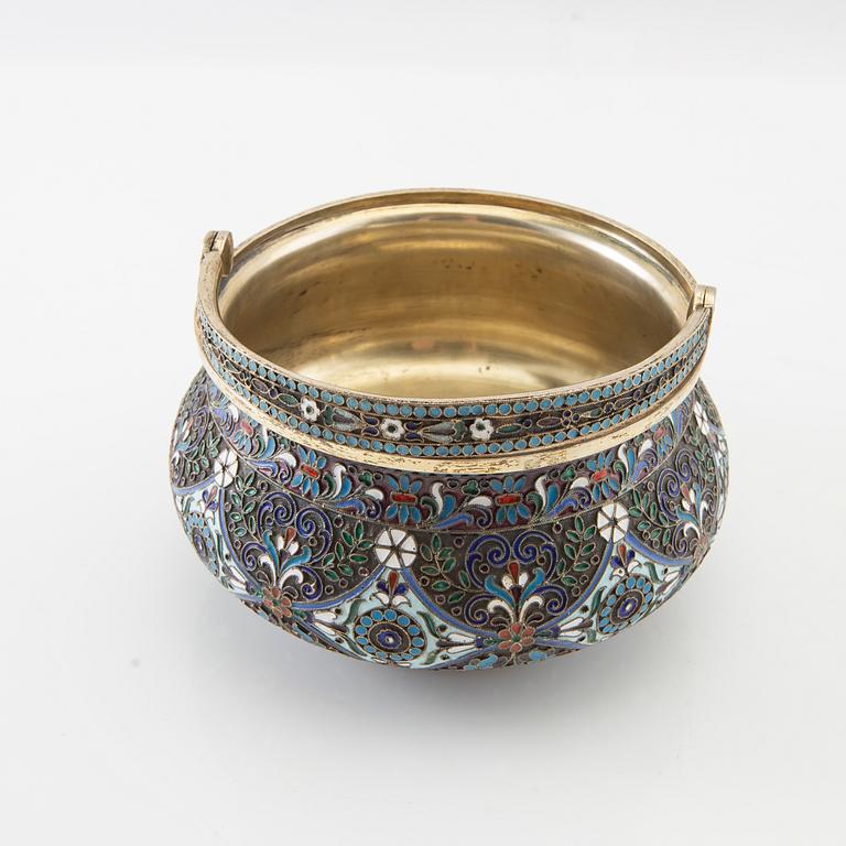 Bowl with handle Russia St Petersburg (?) silver and enamel 1908-26.