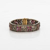 Bracelet, 8/8 cut diamonds, rubies, 14K gold, silver.