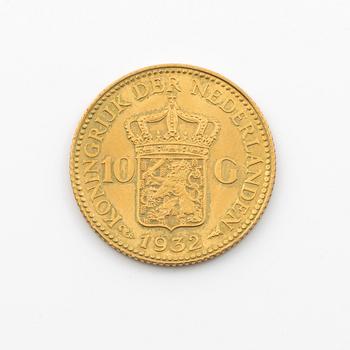 Gold coin, Netherlands, Wilhelmina, 10 Gulden 1932.