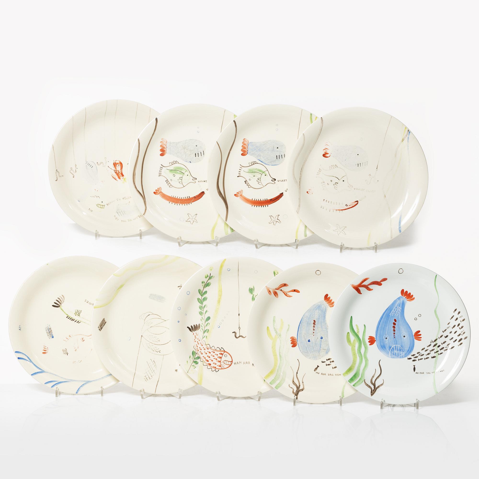 Stig Lindberg, plates 9 pcs, "Löja", Gustavsberg 1948-62.