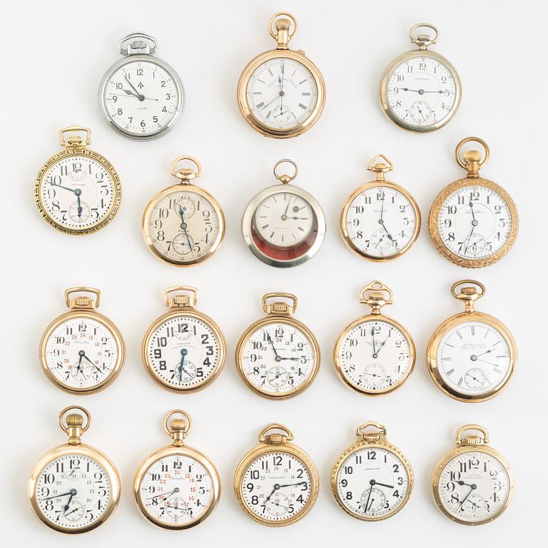 Samling fickur, 18 st, silver/pläterade.