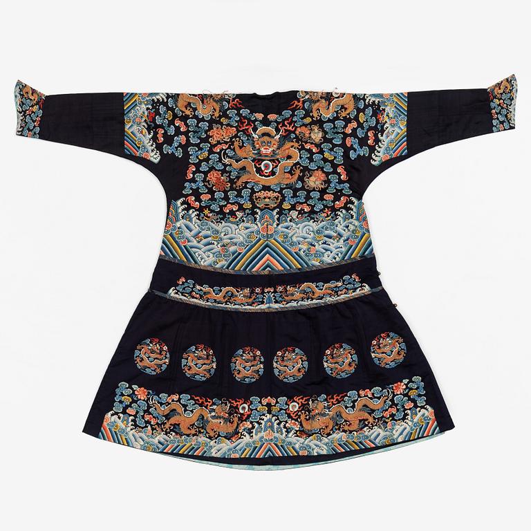 A midnight blue silk 'Chao Pao'/ceremonial robe, Qing dynasty, 1850's.