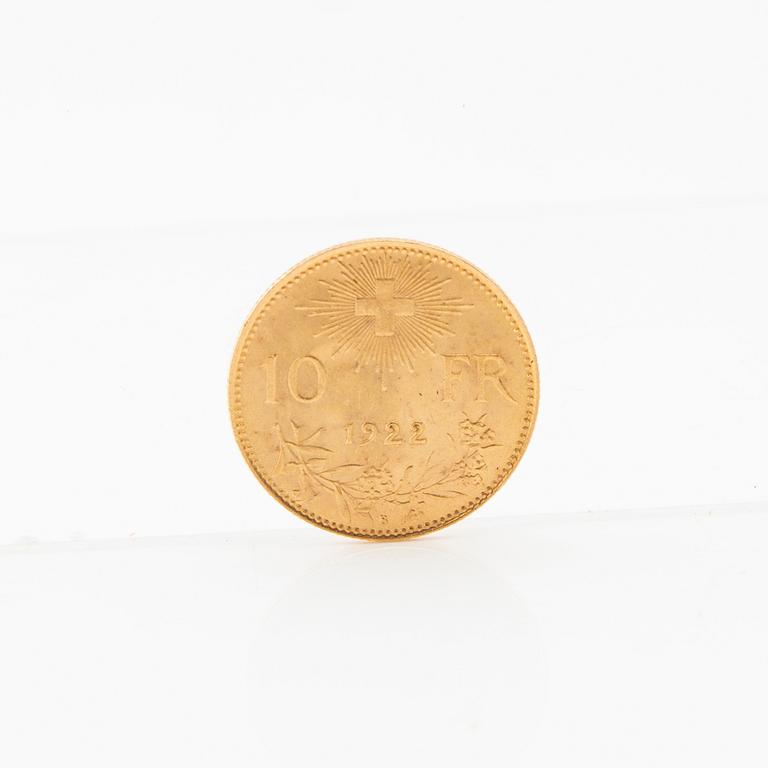 Gold coin 10 francs 1922 Switzerland.