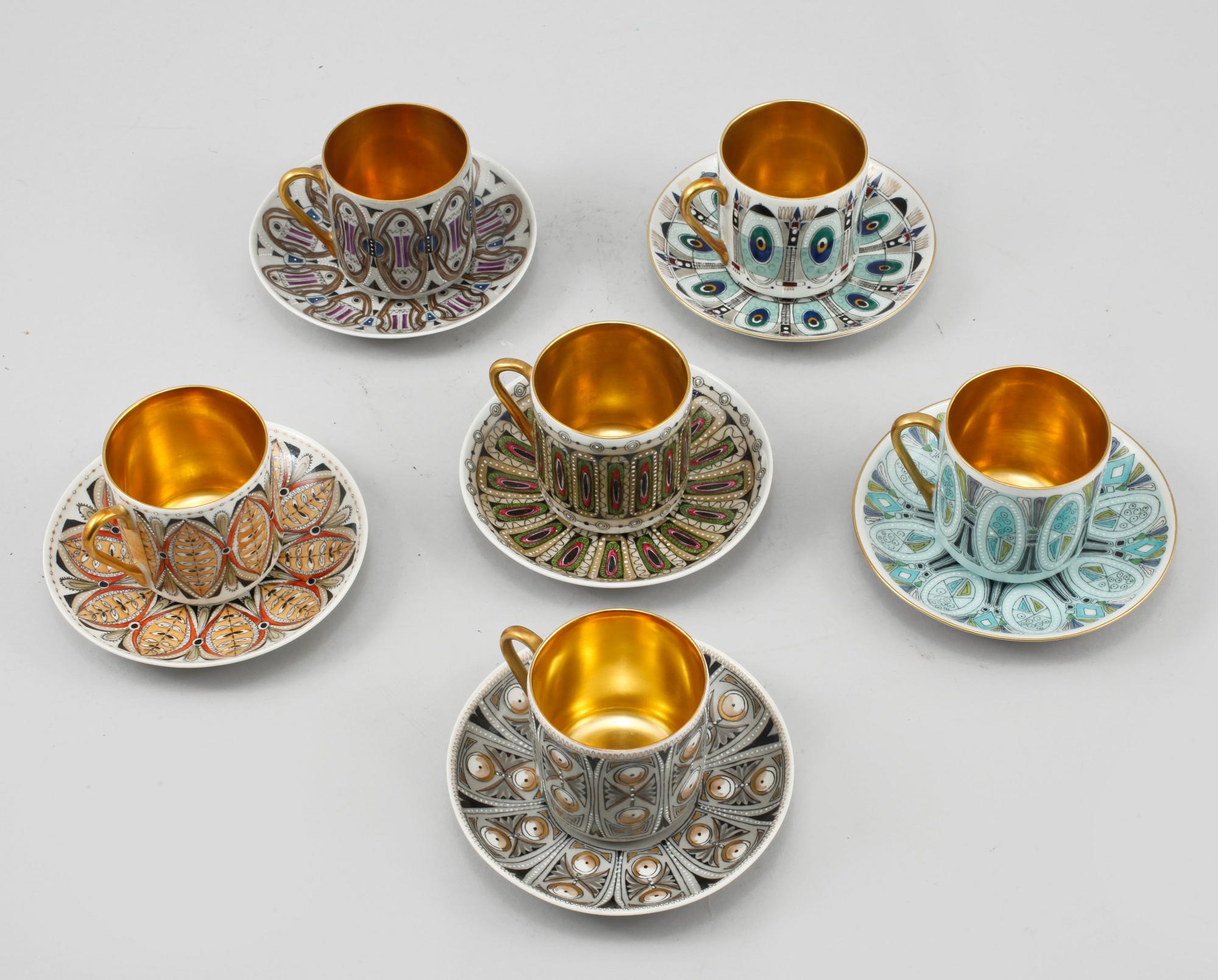 KOPPAR, 6 st, porslin, Arabia, Finland, 1950/60-tal.