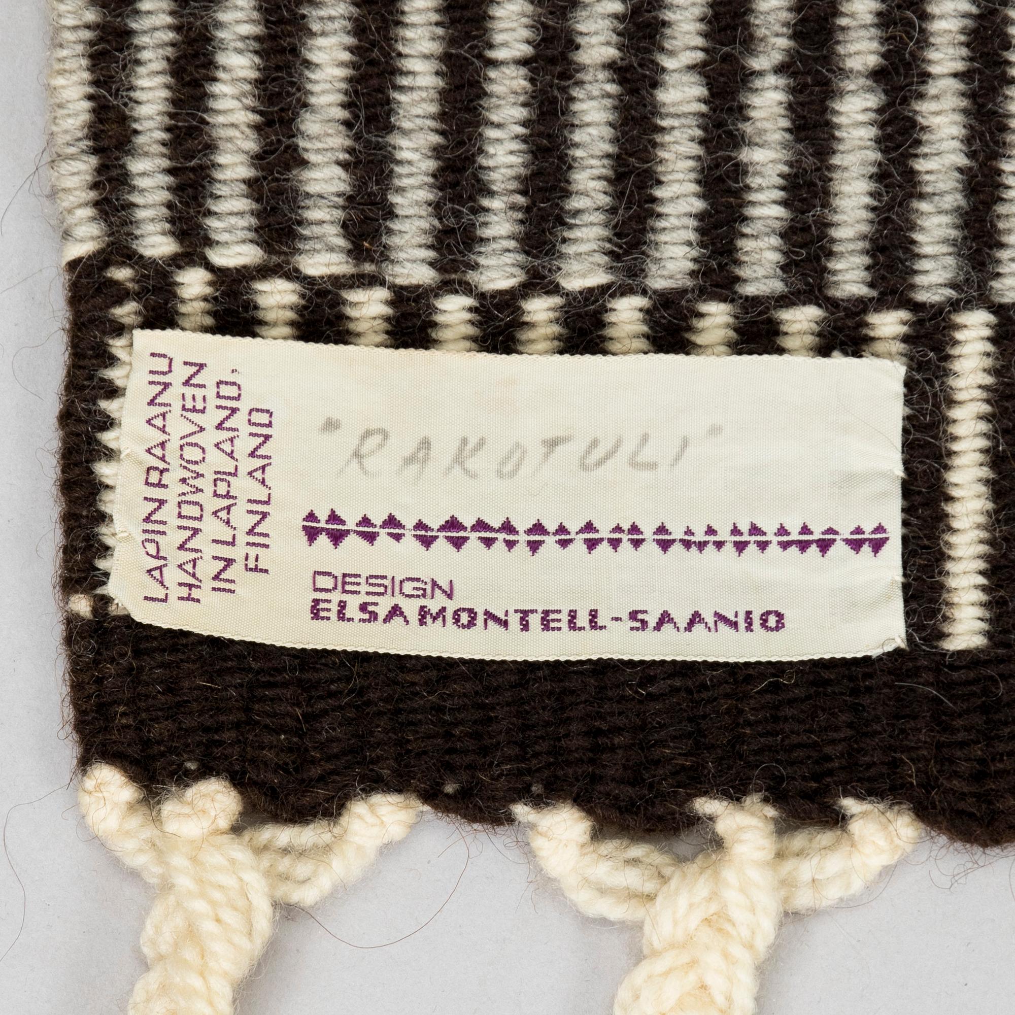 Elsa Montell-Saanio, a Raanu textile 'Campfire' from Lapland. Ca 129 x 85 cm.