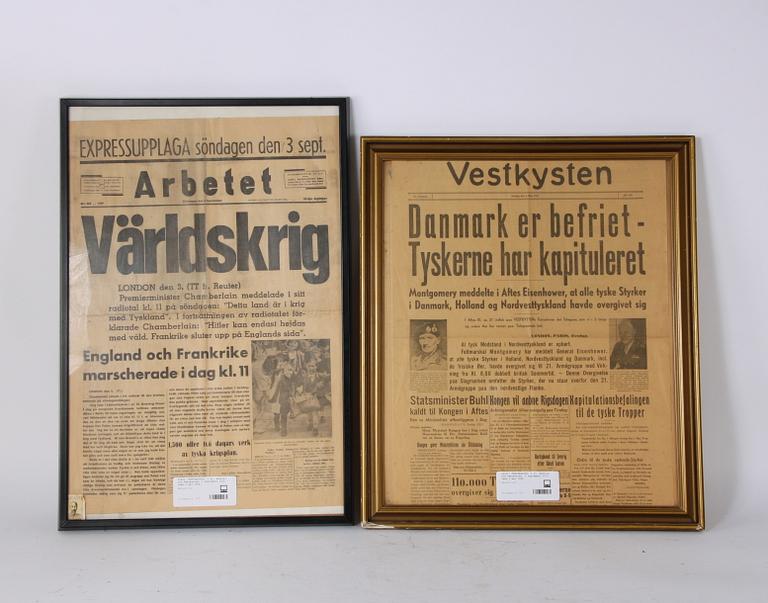 FÖRSTASIDOR, 2 st, Arbetet och Vestkysten, 3 september 1939 resp 5 maj 1945.