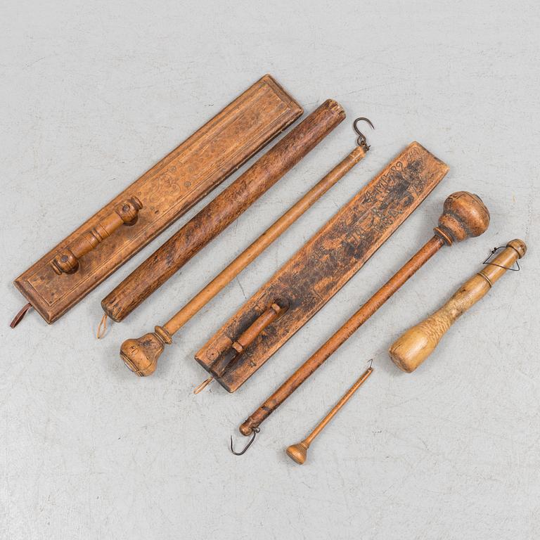 wooden tools for flax preparation and scale bessmans, 7 pieces, Sweden 18th-/19th century.