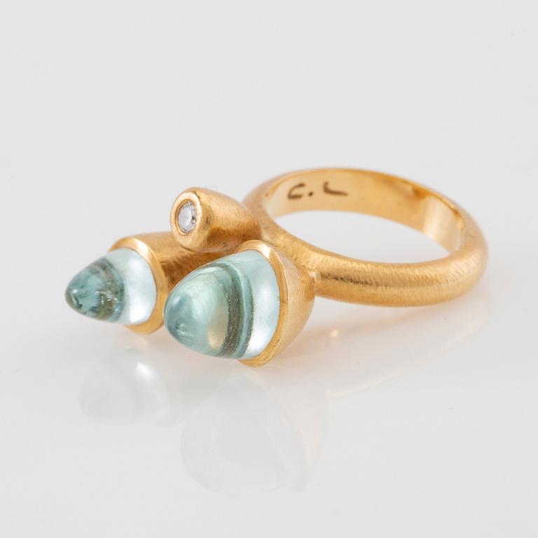 Charlotte Lynggaard, Ring "Eventyr" 18K gold with diamond and aquamarines, for Ole Lynggaard.