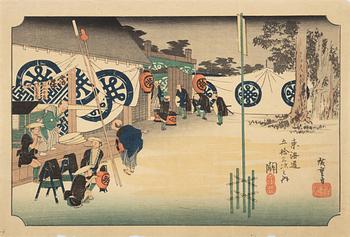 Ando Utagawa Hiroshige, after, a set of nine woodblock prints in colours, Japan, 20th Century.