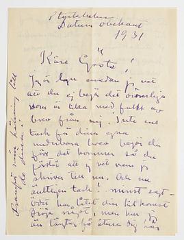 LETTER from Carl Kylberg in Stockholm to GAN (Gösta Adrian-Nilsson) in Lund. Dated 1931.