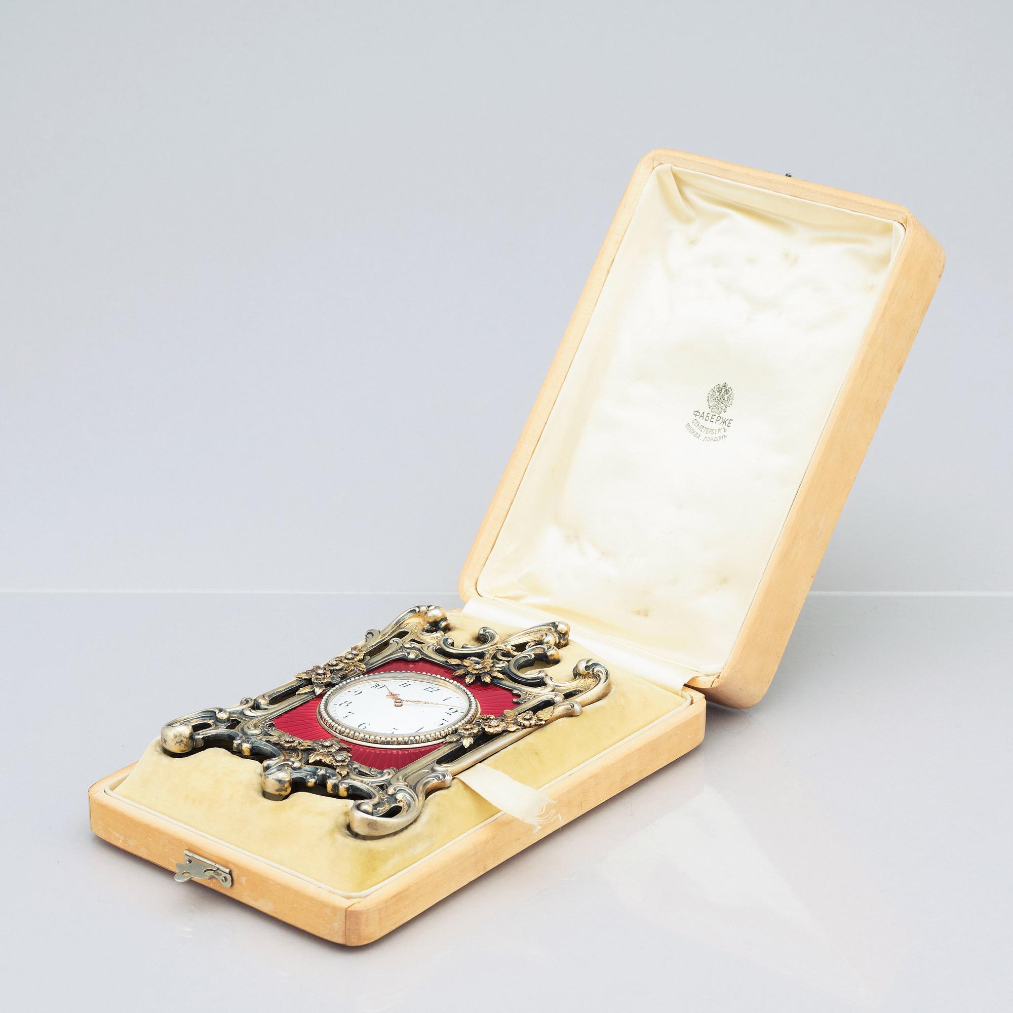 A Fabergé, Nobel family, jewelled, silver-gilt, guilloché enamel desk clock, workmaster Michael Perchin, St Petersburg.