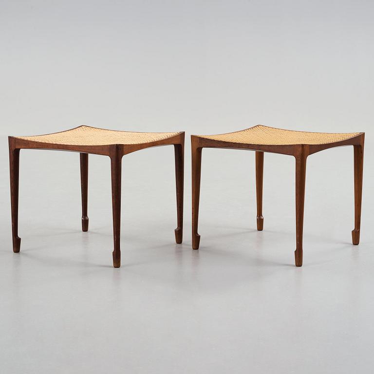 Bernt Petersen, a pair of palisander and rattan stools, Wørts Møbelsnedkeri, Denmark ca 1960.