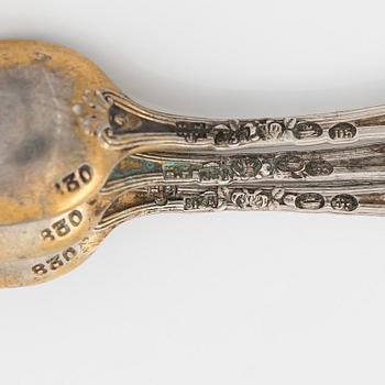 A six-piece silver and glass salt cellar set in original fitted case, maker's mark of Hjalmar Fagerroos, Helsinki 1909.