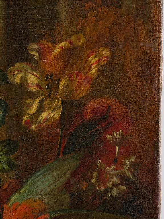 Pieter Casteels III, follower of, Wall panels, a pair, Flower urns with a parrot and a monkey respectively.
