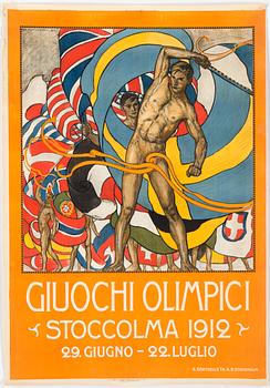 AFFISCH OCH KARTA, OS i Stockholm 1912. Affischen formgiven av Olle Hjortzberg.