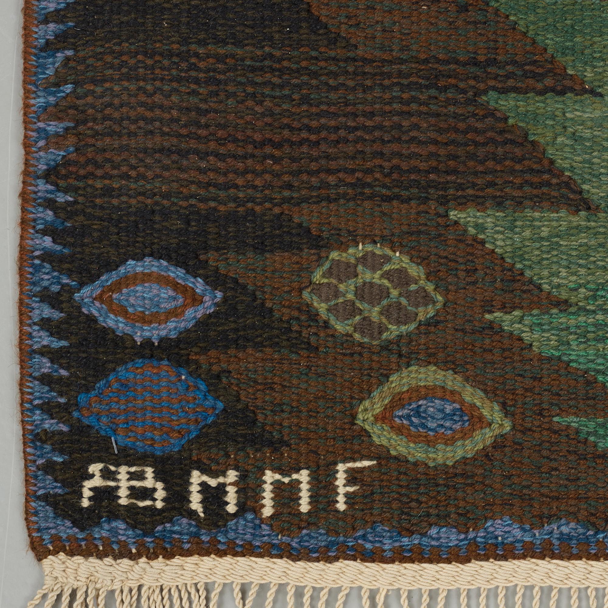 Barbro Nilsson, MATTO, "Tånga brun och grön", flat weave, ca 228 x 169,5 cm, signed AB MMF BN.