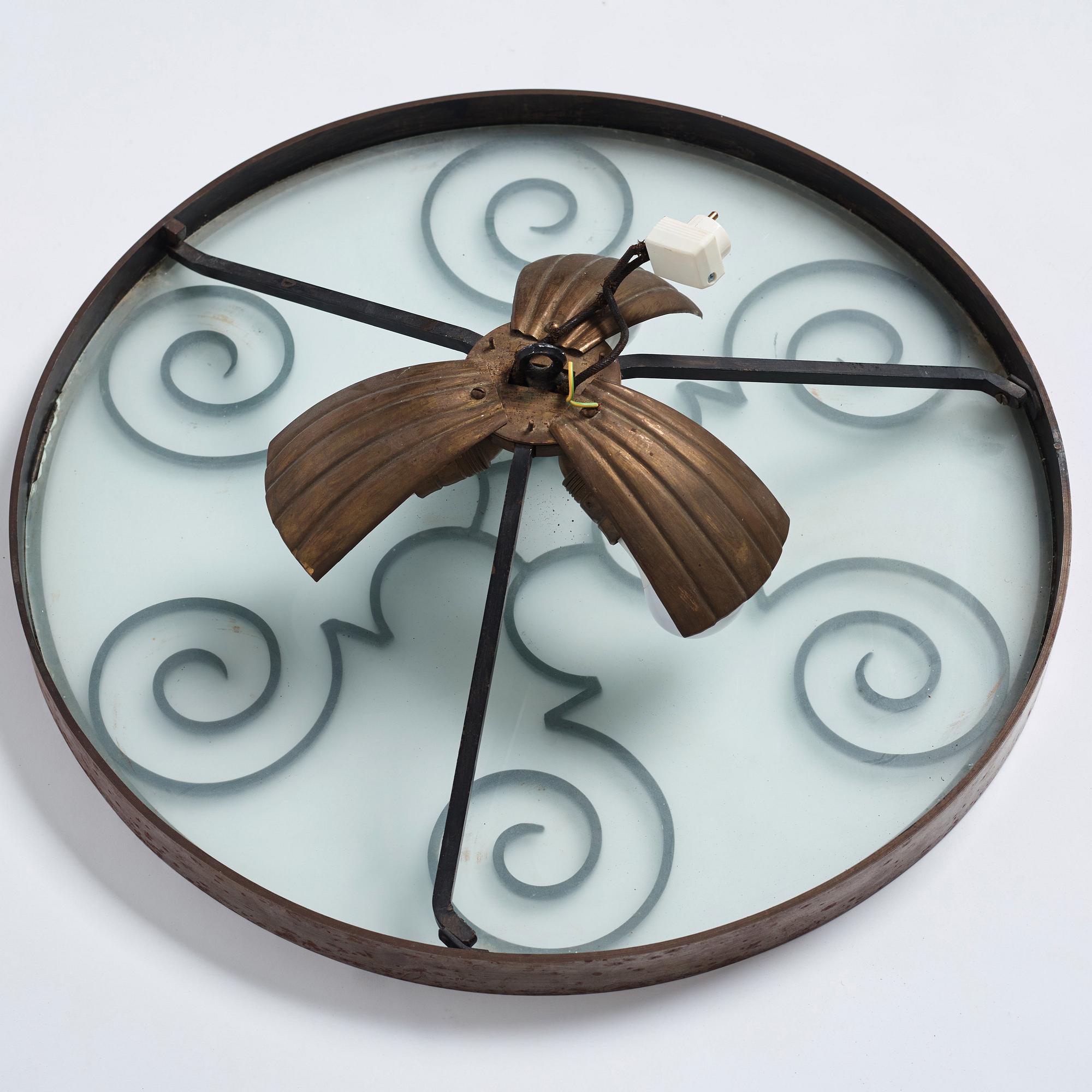 Lars Holmström, a Swedish Grace brass and steel framed ceiling light, Arvika 1920-30s.