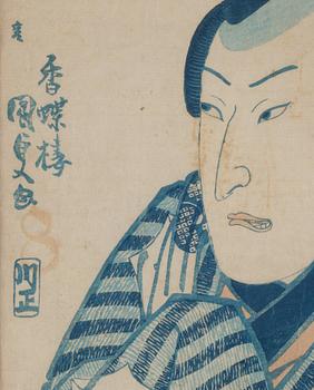 Utagawa Kunisada, two woodblock prints, Japan, before 1842, an a woodblock print by unknown artist, Japan, 1862.