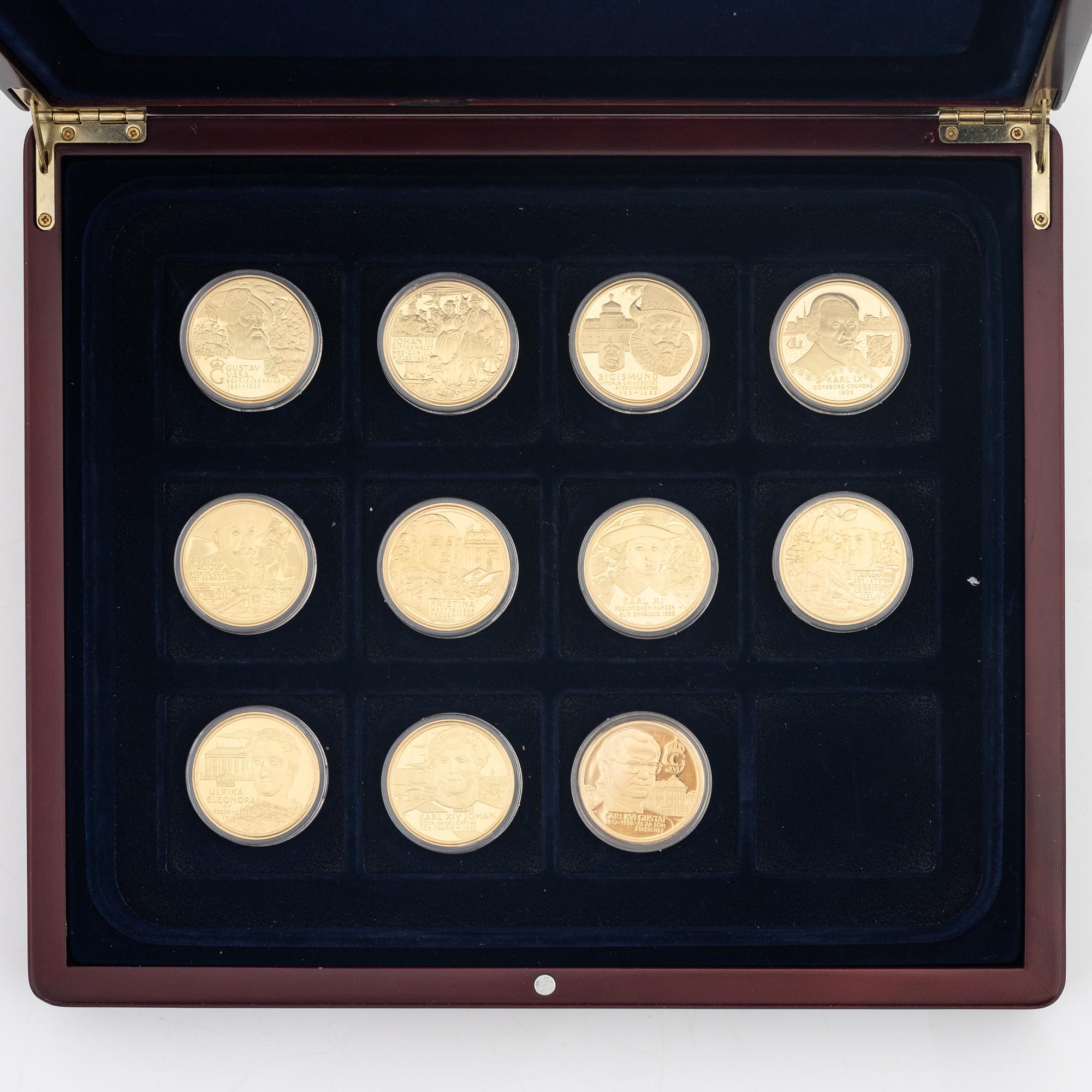 "Sverige Regenter" 11 Förgyllda medaljer i sterling silver, utgivna av Mynthuset.