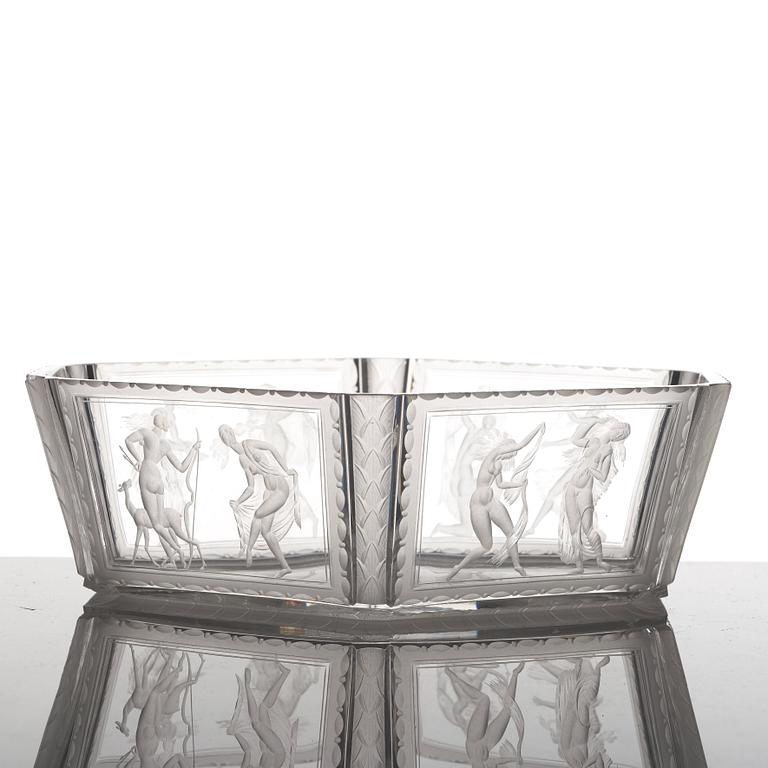 Simon Gate, an hexagonal engraved bowl, Orrefors, Sweden 1922, engraved by Richard Bayer, model nr 237.