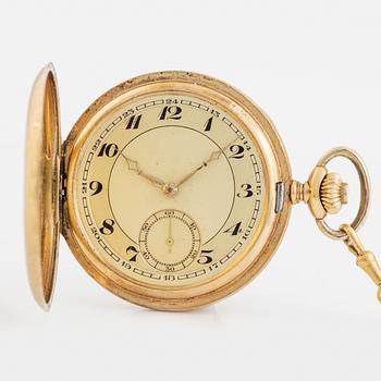 Mido, pocket watch, hunter, 14K gold, chain in 18K gold, 52 mm.