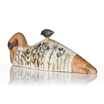 Lisa Larson, a unique chamotte stoneware sculpture of a reclining female figure with a bird, Gustavsberg Studio, probably 1950s-60s.