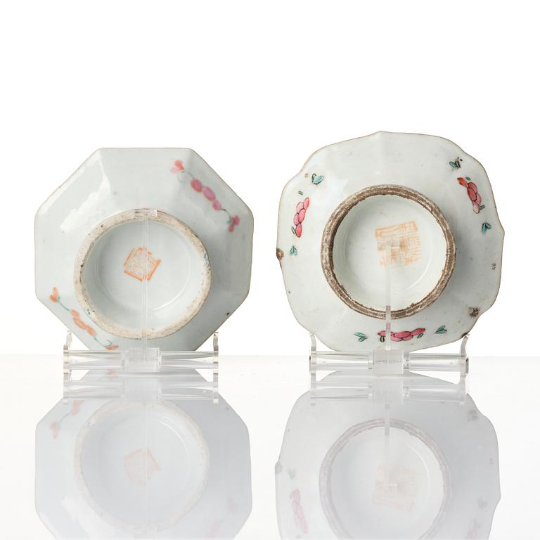Two Chinese famille rose porcelain dishes and a censer, a pair of enamel spoons, Qing dynasty.