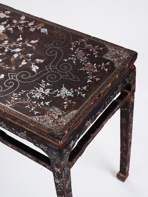 A  Chinese black lacquered altar table with mother of pearl inlay, 17th /18th Century.