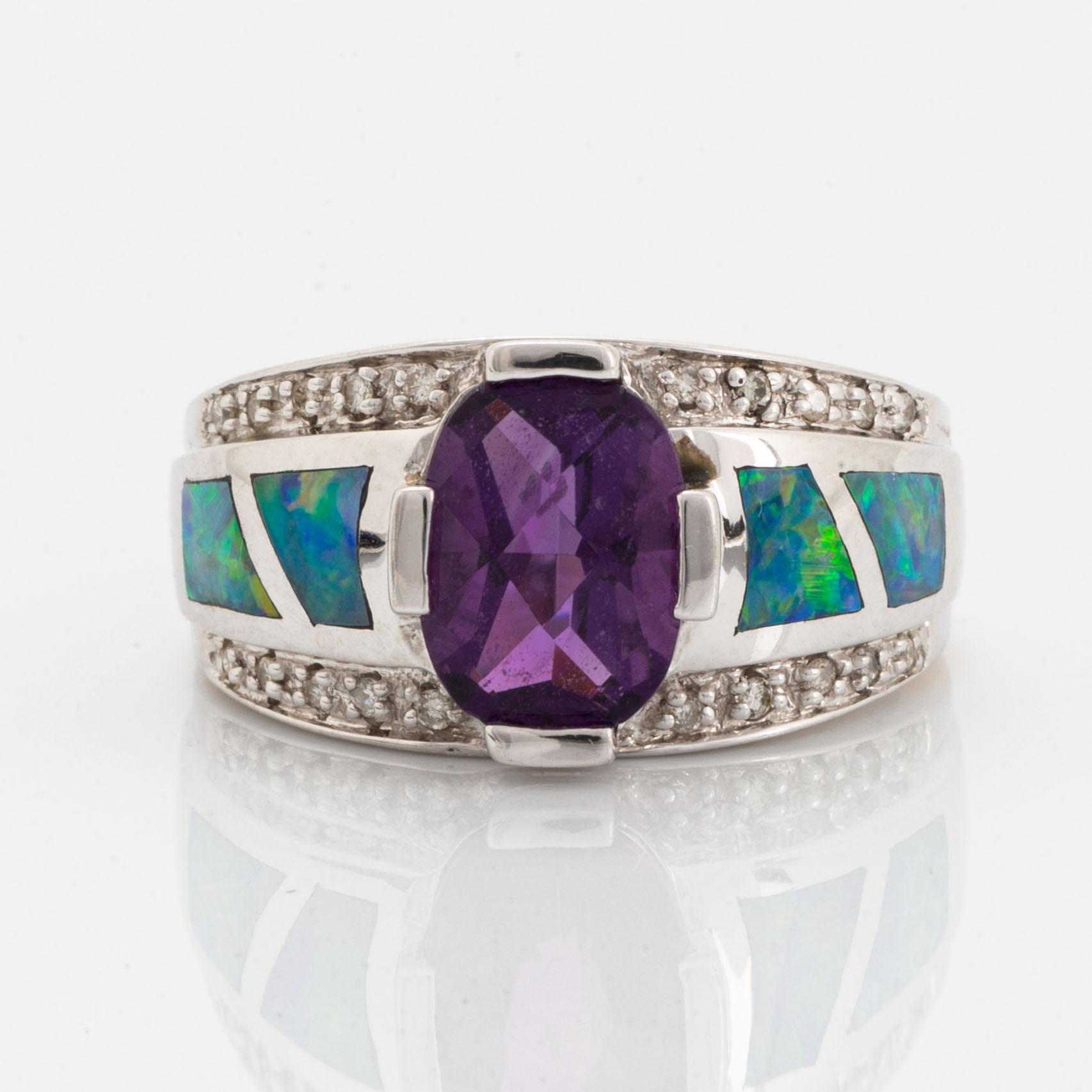 Checker-cut amethyst, opal and diamond ring.